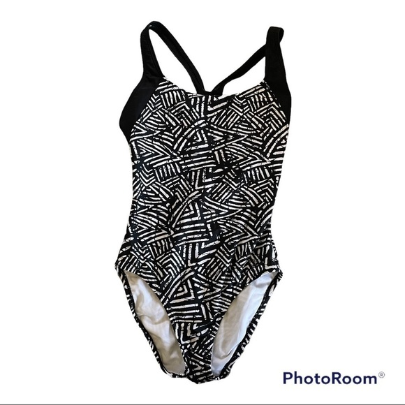 SPEEDO BLACK AND WHITE ONE PIECE SWIM SUIT BATHING SUIT GREAT CONDITION  SIZE 6 - Picture 1 of 6